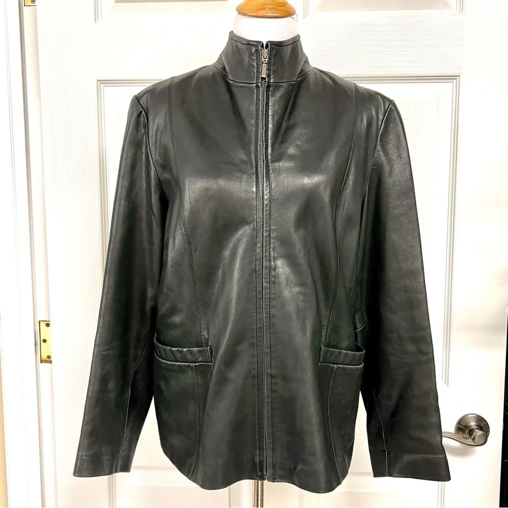 Vintage JLC Newyork Leather Women's Fully Lined Wing Collar Black coat size XL